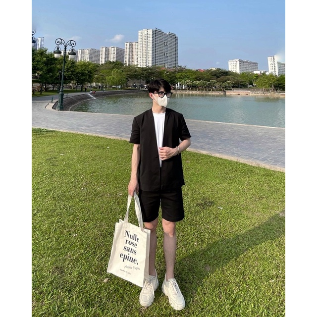 Set Blazer nam kaki không cổ mát mỏng cho mùa hè