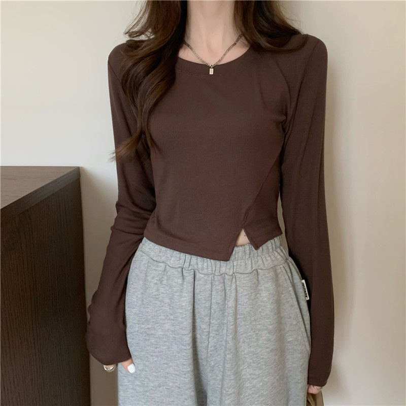 IELGY    Áo Thun Tay Dài Dáng Ngắn Lệch Tà Thời Trang Cho Nữ