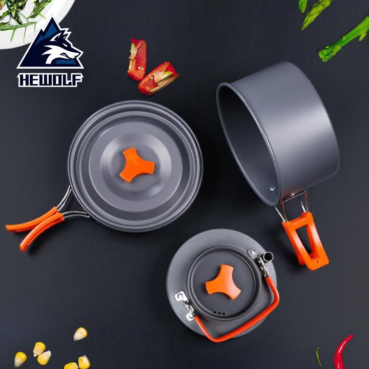 Bộ xoong nồi, ấm, chảo nấu ăn du lịch cắm trại dã ngoại Hewolf K1692 dành cho 2-3 người - Hàng chính hãng.