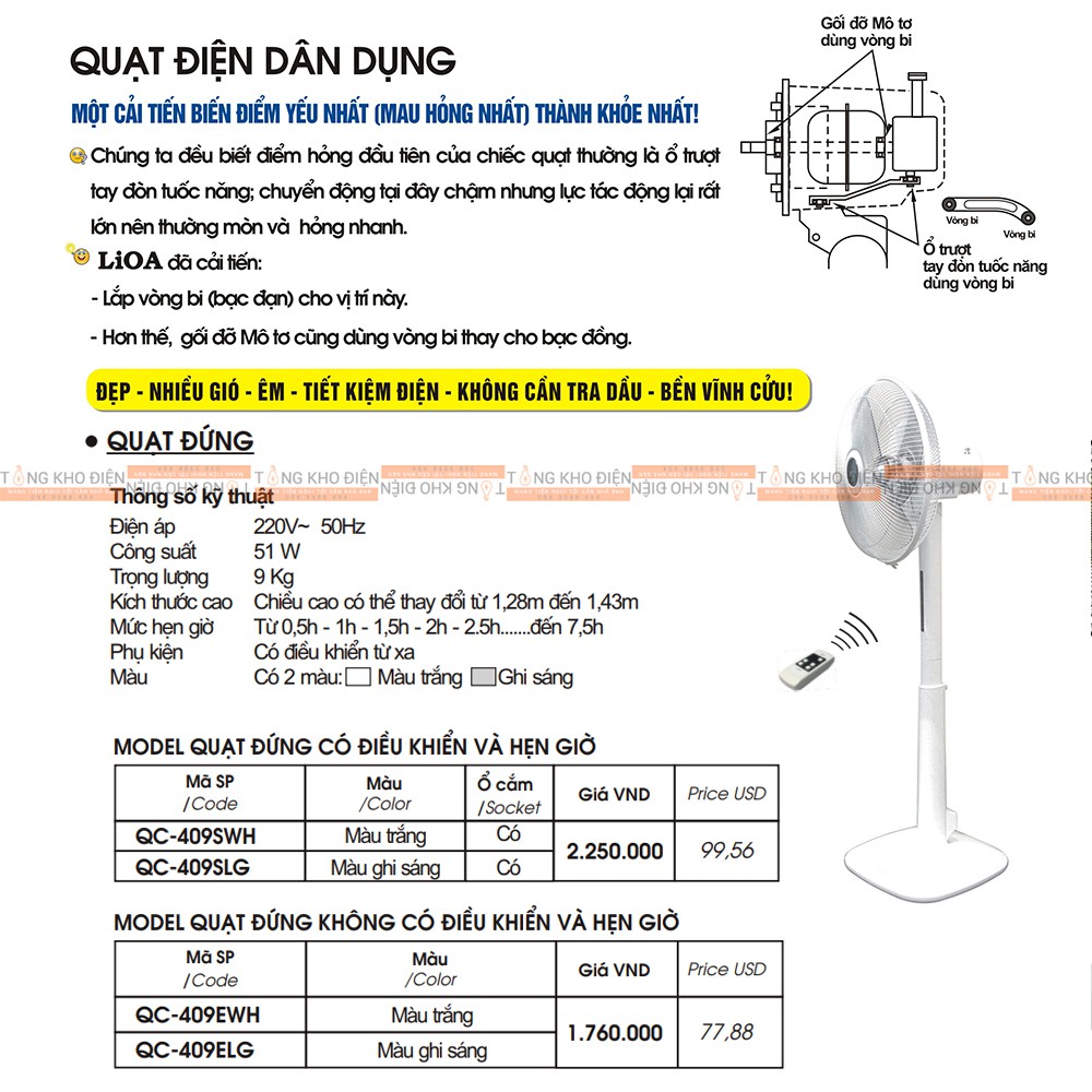 [Mã 159ELSALE hoàn 7% đơn 300K] Quạt đứng LiOA Q-409- Điều Khiển Từ Xa - Có ổ cắm đa năng [Hàng Chính Hãng]