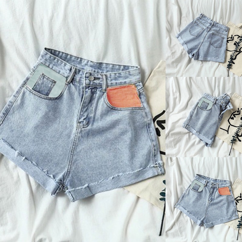 Quần Short Jean Mini Ống Rộng Lưng Cao Phối Màu Khối Thời Trang Mùa Hè Cho Nữ