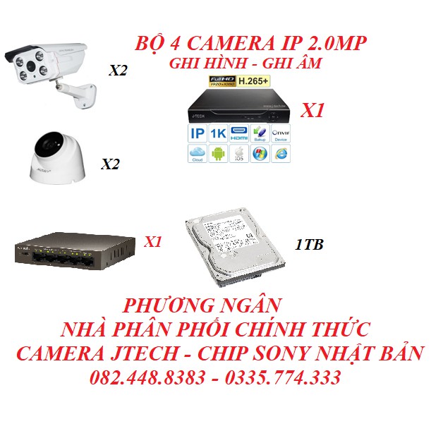 Trọn bộ 4 Camera IP 2.0MP hỗ trợ POE Jtech ĐẦU GHI 8 KÊNH 4.0MP + 1 Ổ CỨNG 1TB + SWITCH POE