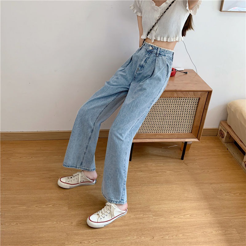NRVP Quần jean dài ống rộng lưng phối ren thời trang Hàn Quốc cá tính cho nữ