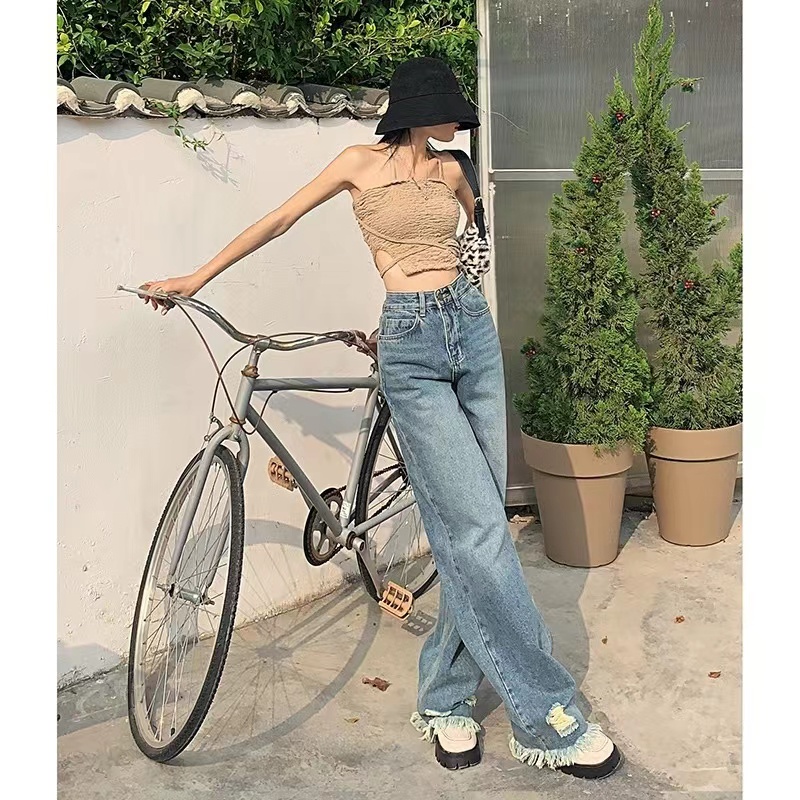Quần Jean Nữ Ống Rộng Lưng Cao Phối Tua Rua Phong Cách Đường Phố Mẫu Mới 2022