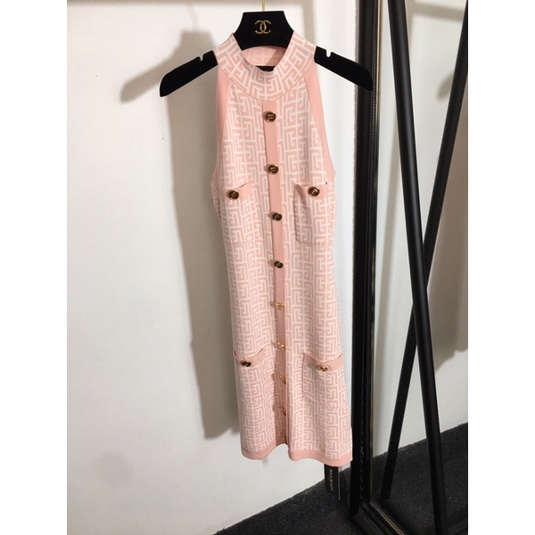 đầm nữ dáng dài không tay in hoa văn hoạ tiết dáng ôm eo vải co giãn balmain