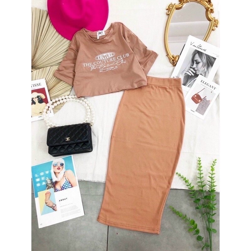 Set đồ nữ sang chảnh áo croptop ôm body dài tay kèm váy dài  kiểu hàn quốc dự tiệc thời trang 2022-VD21