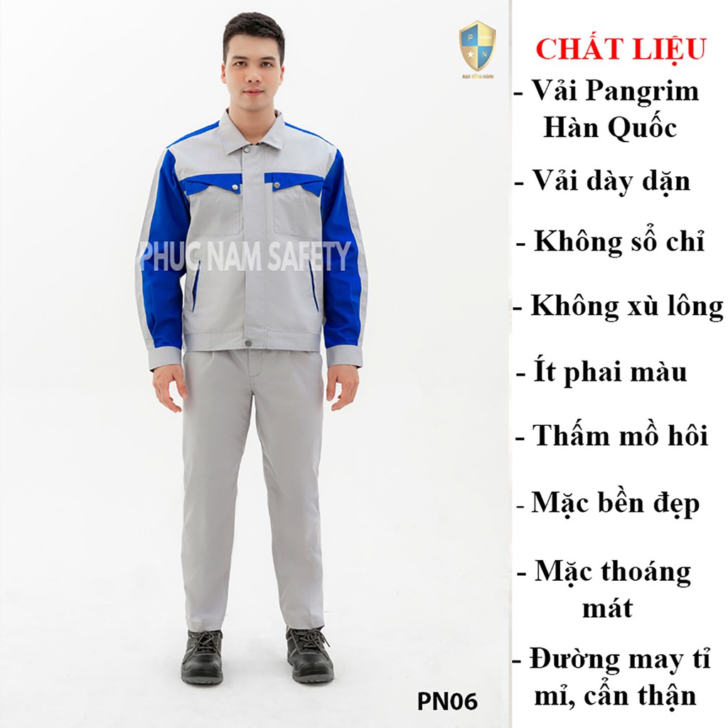 Quần áo bảo hộ lao động vải Pangrim cao cấp màu ghi sáng phối xanh dương – PN06, Bảo hộ lao động Phúc Nam