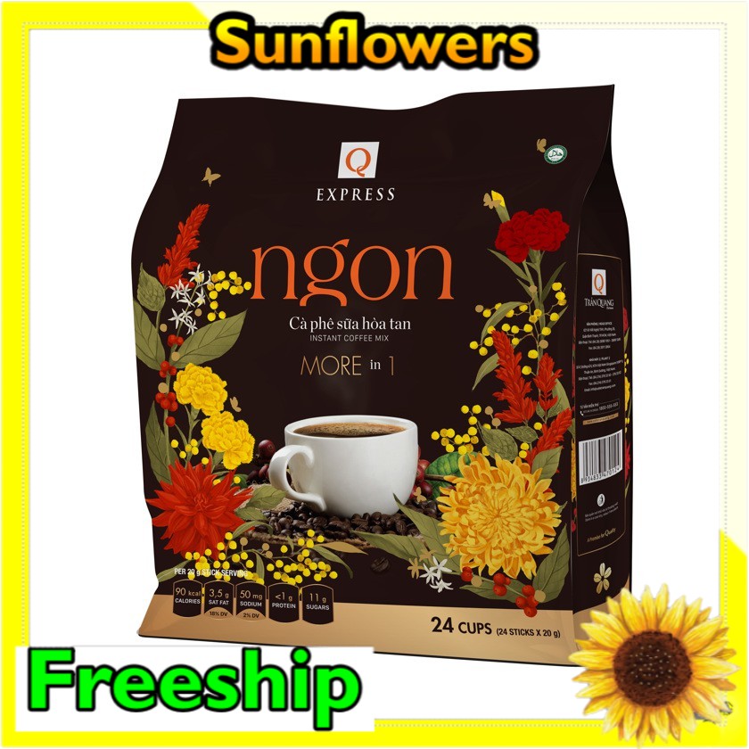 Cà phê sữa Ngon Trần Quang 480g (24 gói dài * 20g) xuân 2021 Instant Coffee mix 3 in 1 - Sunflowers