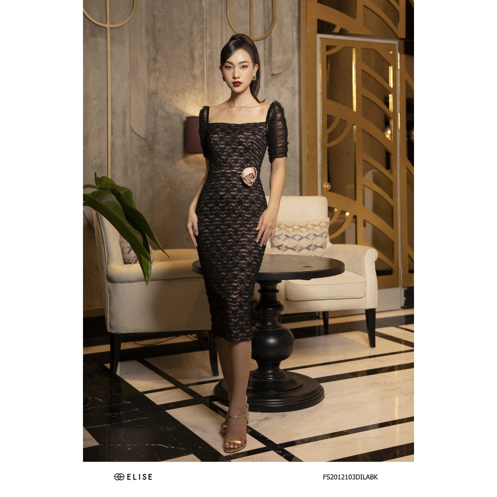 Đầm ren đen nhún tay thiết kế Elise FS2012103DILABK