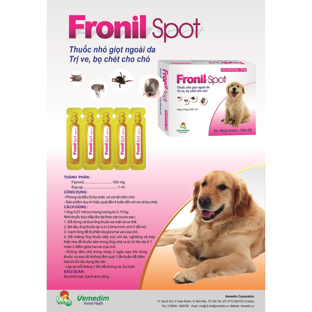 1 Hộp FRONIL SPOT (5 Ống) - Phòng Trị Ve, Bọ Chét Trên Chó