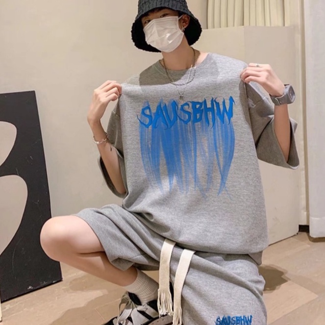 Bộ Quần Áo Nam Ngắn Tay Phối Dây Rút In Họa Tiết Phong Cách Hàn Quốc Thời Trang Cho Áo Thun Unisex Bigsize Fashion Simple Quần Đùi Nam