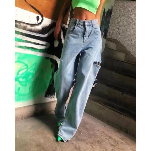 Quần Jeans Suông Dài Rách gối ống rộng cạp siêu cao