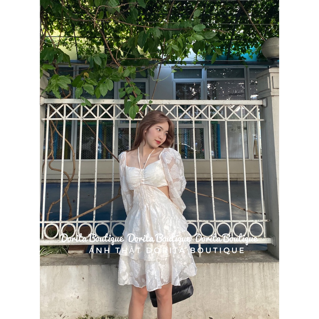 Váy voan tầng hoa nổi cut out lưng chun, Váy tiểu thư hở lưng quyến rũ - Dorita Boutique