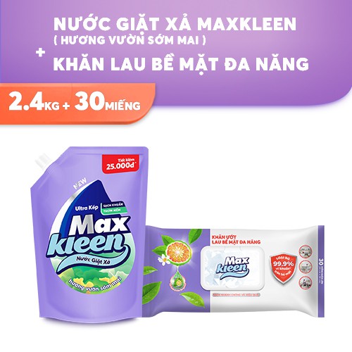 Combo Túi Nước Giặt Xả 2.4kg + Khăn Lau Bề Mặt Đa Năng Maxkleen