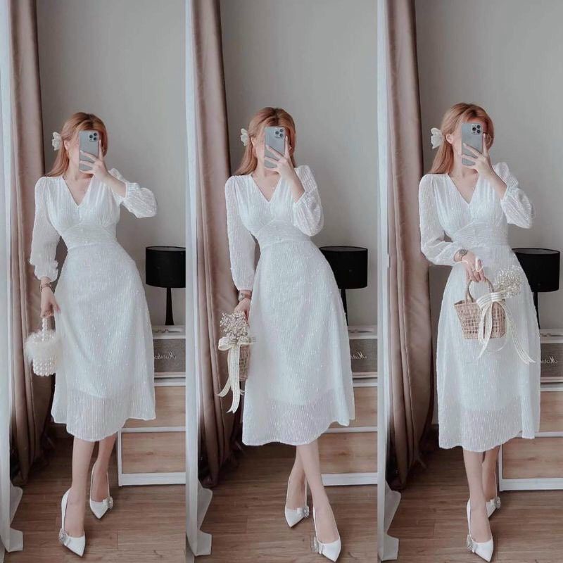 Đầm trắng cổ V đi tiệc sang chảnh có dây cột eo