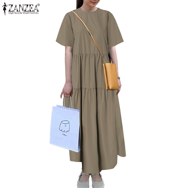 ZANZEA Women Casual Solid Short Sleeve O Neck Layered Maxi Dress