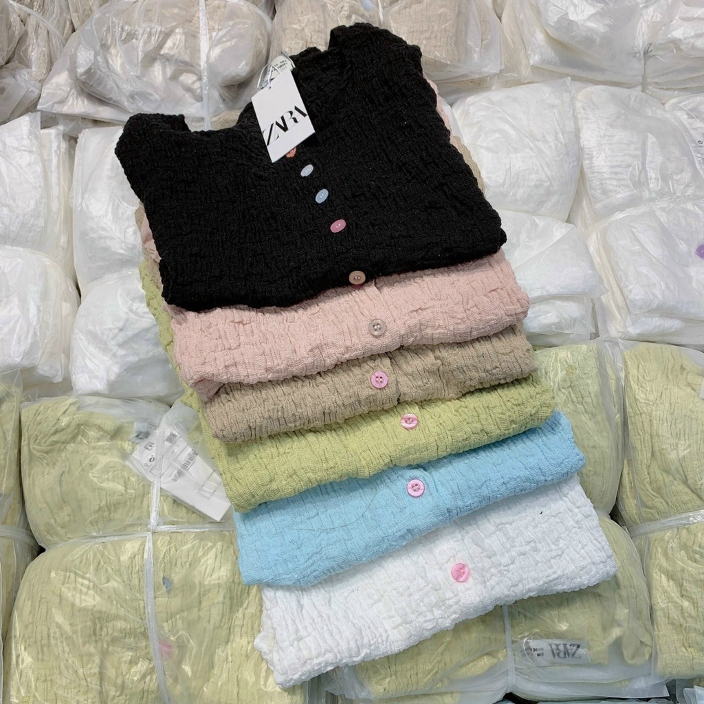 Áo kiểu tay ngắn cổ tròn phối nút nhiều màu chất đũi xốp co dãn form croptop ôm dáng - AO0158