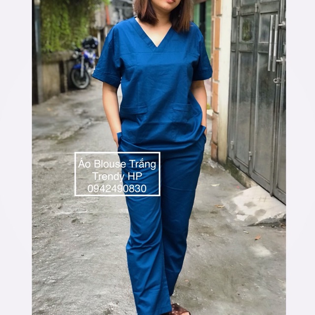 Bộ blouse đồng phục kỹ thuật viên cao cấp - bộ scrubs bác sĩ, y tá, thẩm mỹ viện màu xanh than