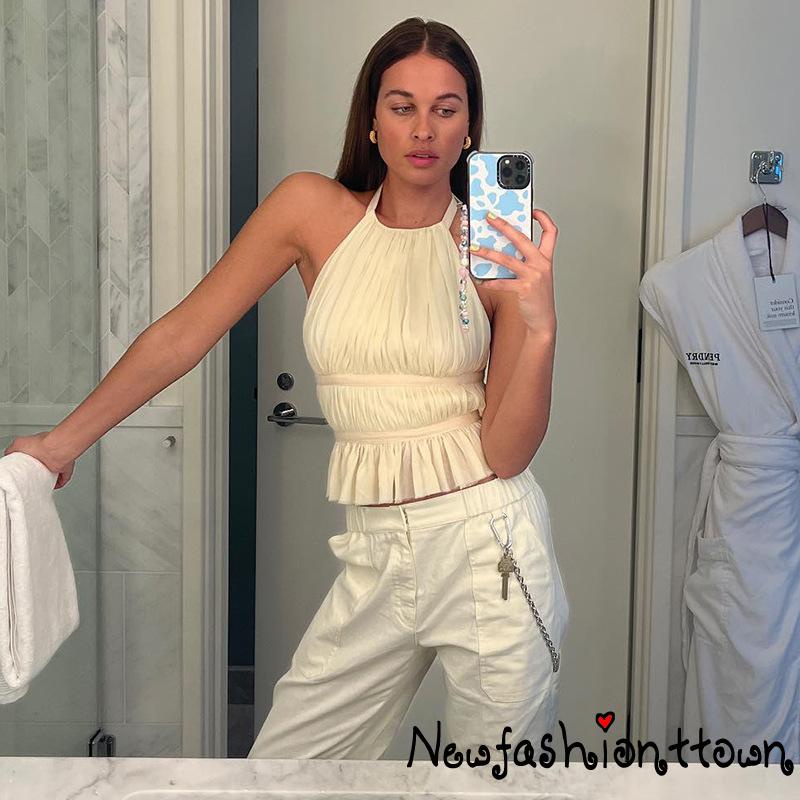 Áo Crop Top Hai Dây Vải Voan Phối Bèo Hở Lưng Phong Cách Cổ Điển Thanh Lịch Cho Nữ Y2K
