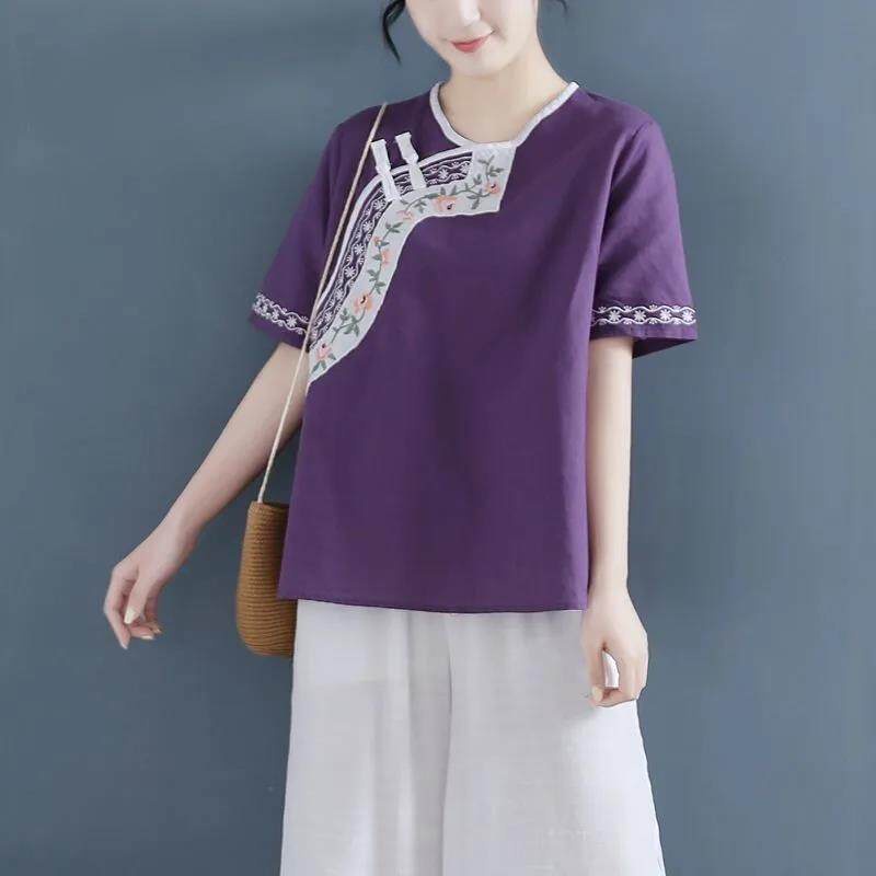 Áo Thun Cotton Ngắn Tay Cổ Tròn Form Rộng Thêu Họa Tiết Phong Cách Cổ Điển Dành Cho Nữ