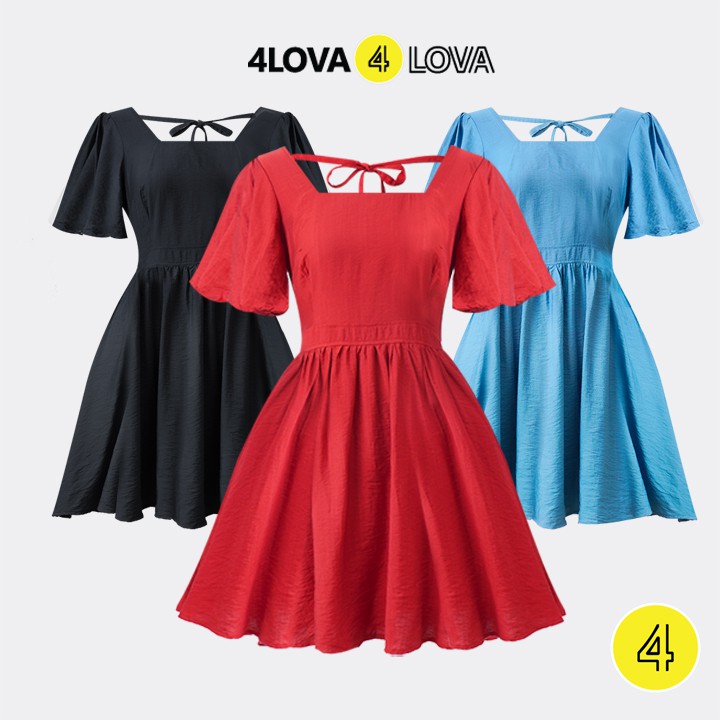 Váy xòe babydoll nữ 4LOVA thiết kế tay bồng phối cổ vuông thắt nơ sau trẻ trung