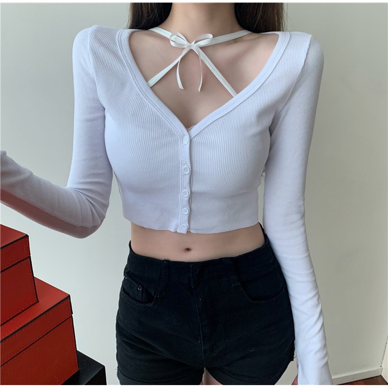 Set áo khoác cardigan tay dài cài nút form ngắn croptop cổ V hở bụng rốn+bra ngực sexy quyến rũ dây cột chéo ulzzang