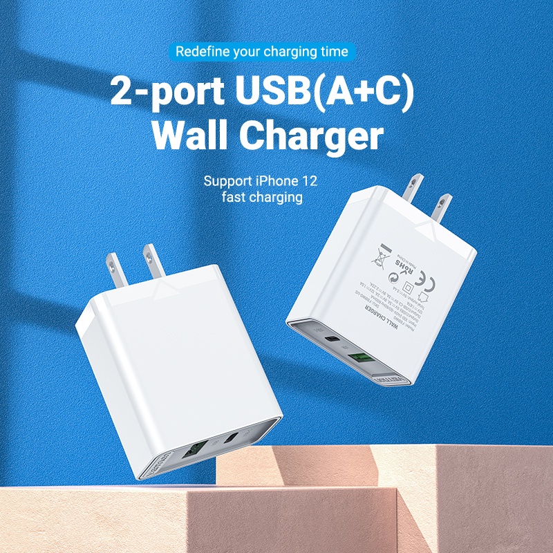 Củ sạc nhanh VENTION hai cổng USB A & USB Type C 18W/20W Quick Charge QC 3.0/P.D 3.0 hỗ trợ sạc nhanh cho iPhone X,11,12