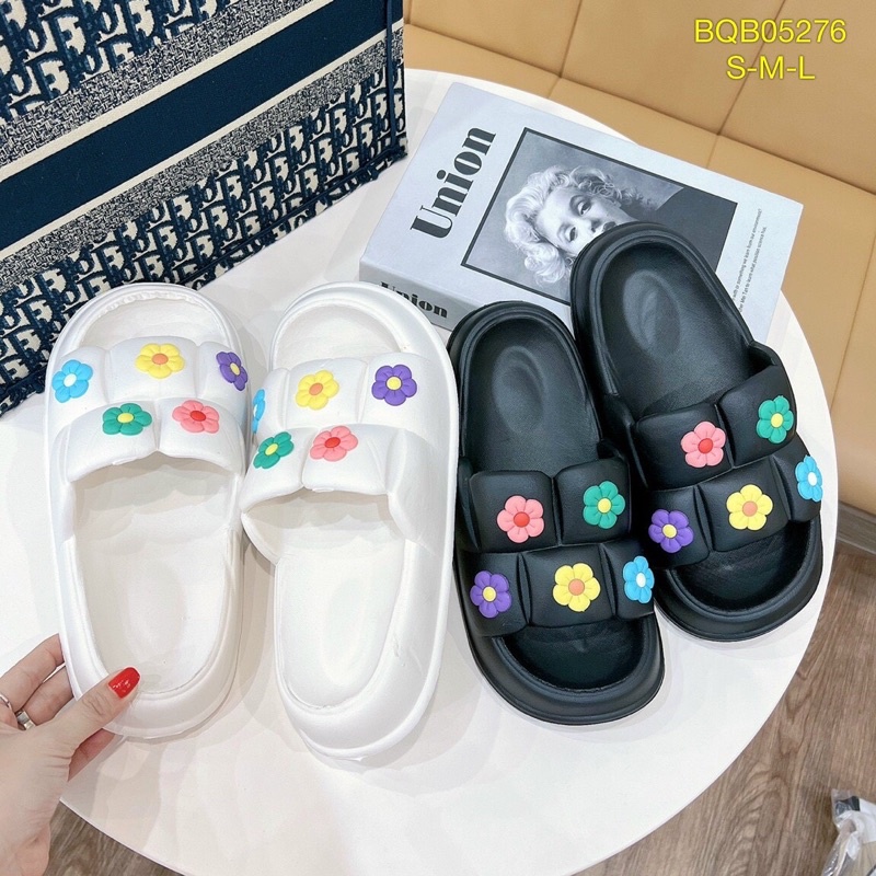 Dép bánh mỳ unisex quai ngang ô vuông cao 3cm đính sticker siêu êm - DL160