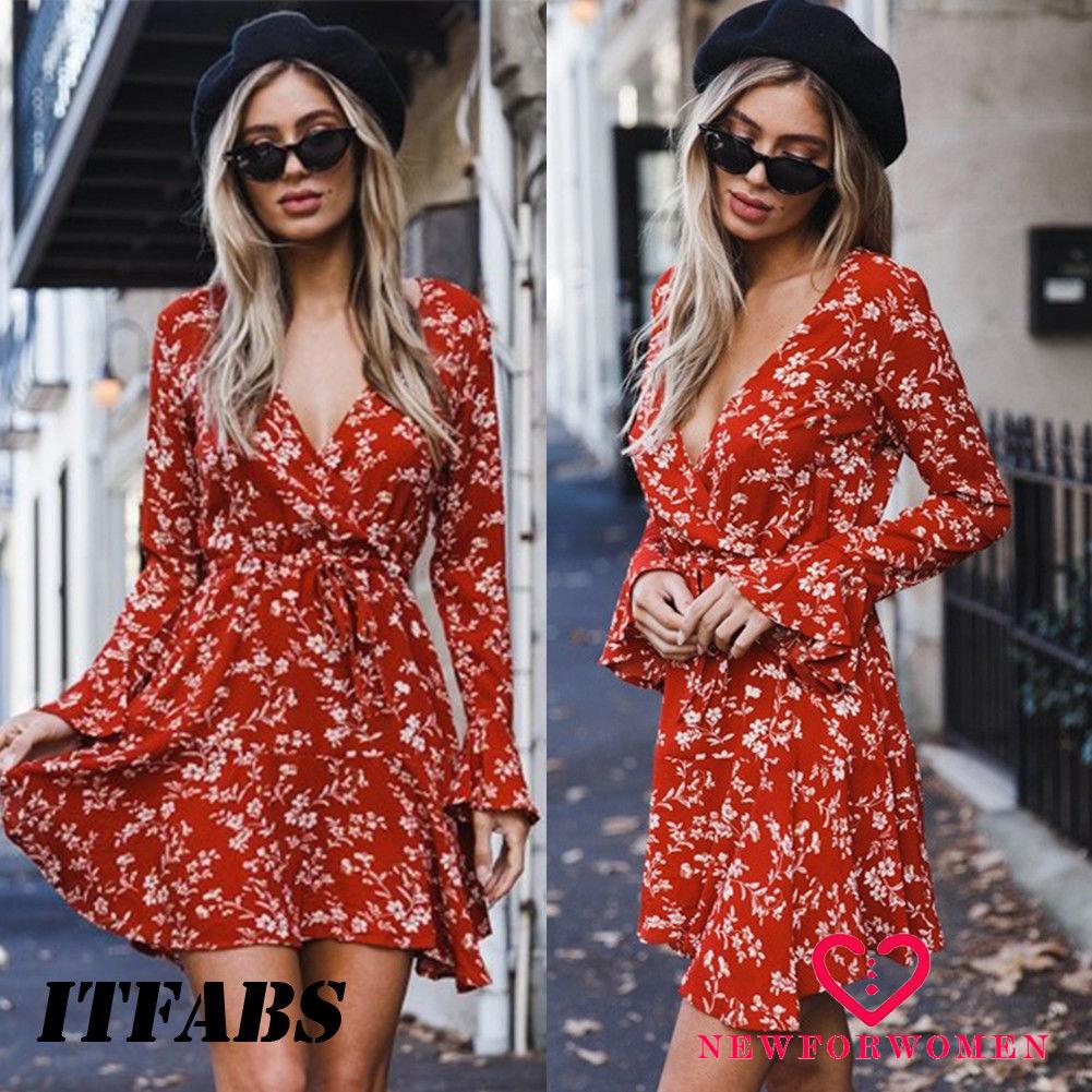 Đầm tay dài in hoa cổ chữ V phong cách boho cho nữ | BigBuy360 - bigbuy360.vn