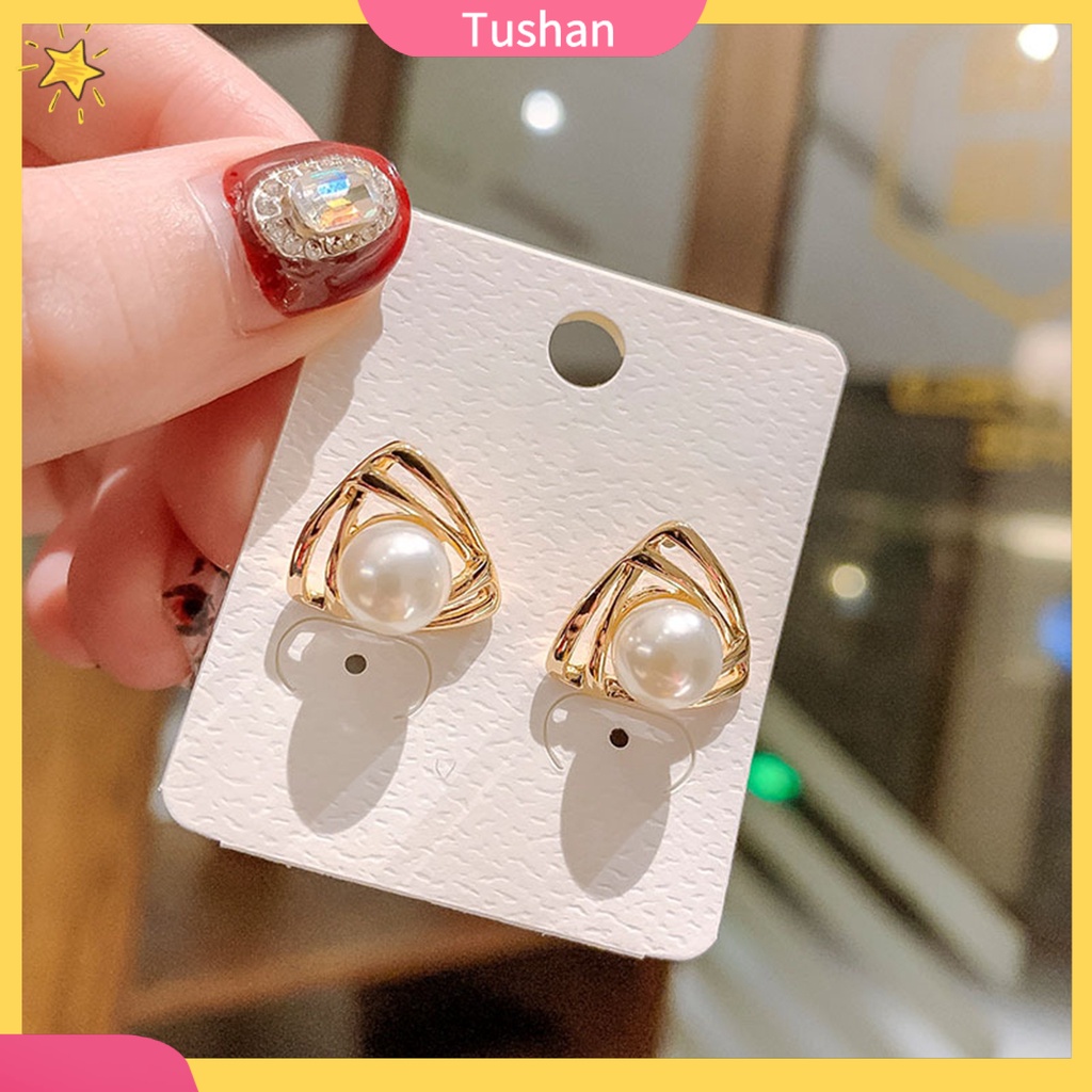 [Ts] Khuyên tai nhỏ mạ điện đính ngọc trai nhân tạo nhẹ thời trang dự tiệc