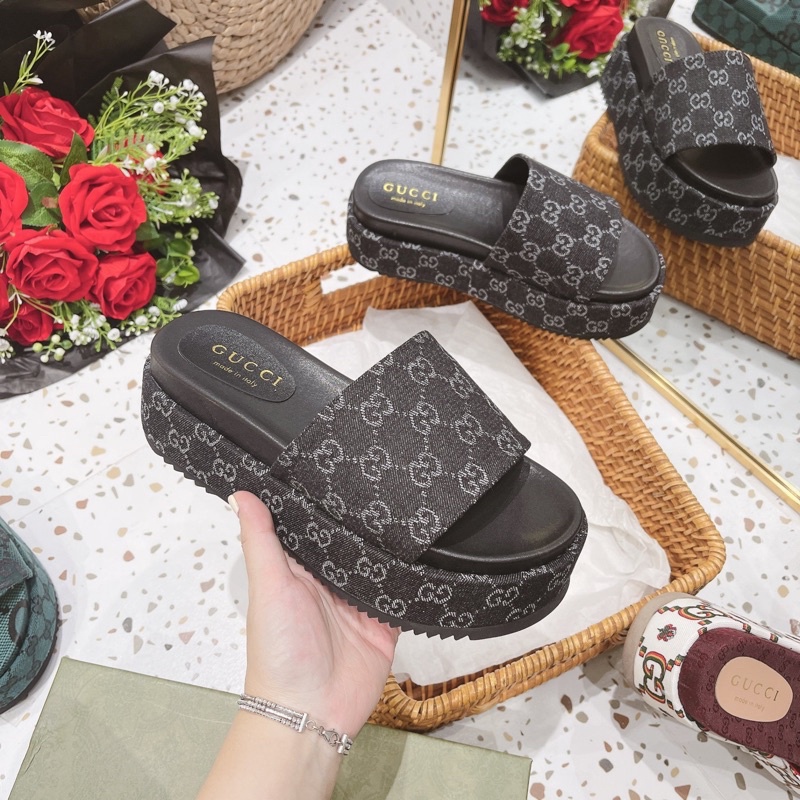 Dép nữ quai ngang họa tiết GG đế cao Nguyên hộp hãng cao cấp