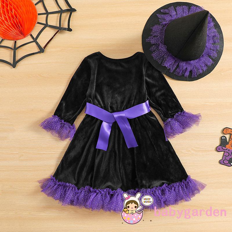 Đầm Chữ A Tay Dài Cổ Tròn Màu Sắc Tương Phản Kèm Mũ Phù Thủy Dễ Thương Cho Bé Gái 1-6 Tuổi