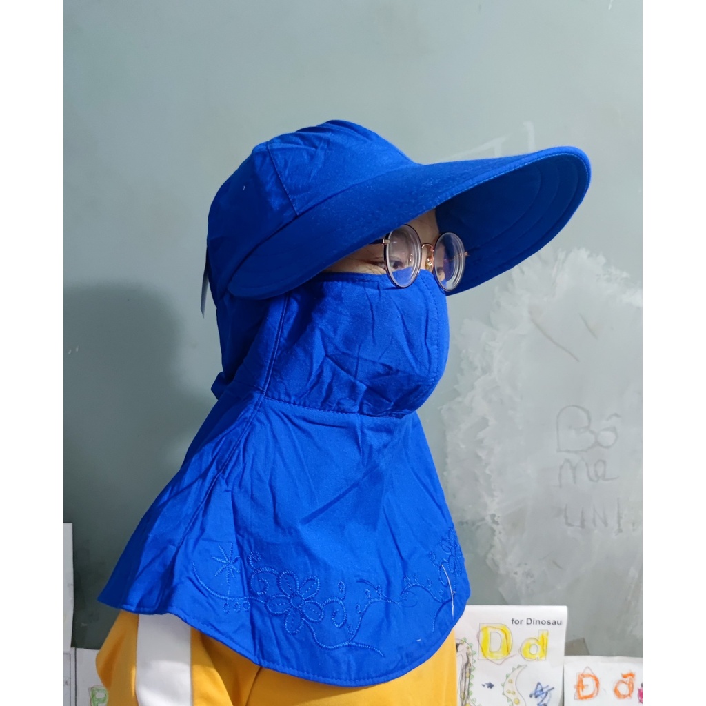 Khẩu trang nón Dy Ngọc vành to chất liệu cotton màu thêu viền dây kéo 1 bên, che vai và cổ, thích hợp mọi thờ