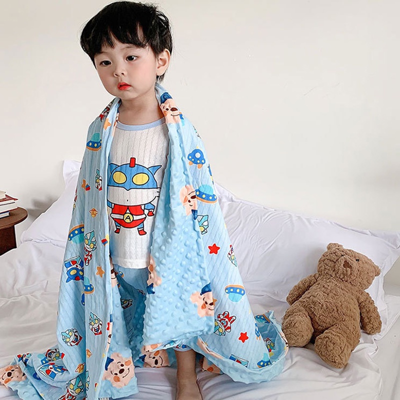 Chăn Hai Mặt Vải Cotton Thoáng Khí In Hoạt Hình Dễ Thương Cho Bé