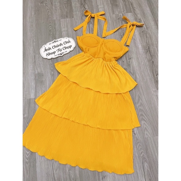 G9  - đầm xoè vàng dập tầng nơ vai