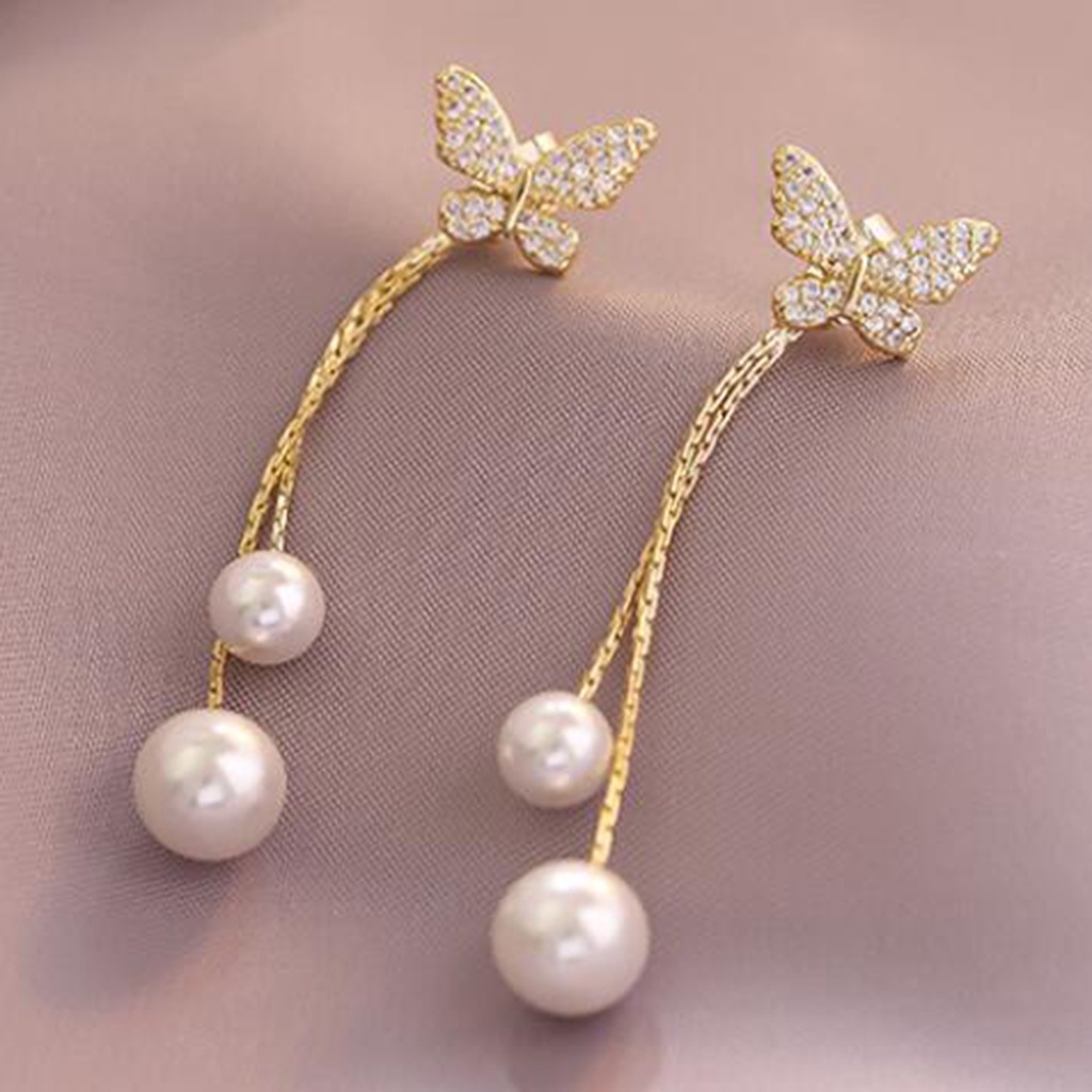 1 Đôi Bông Tai Hình Bướm Dài Đính Ngọc Trai Giả Lấp Lánh