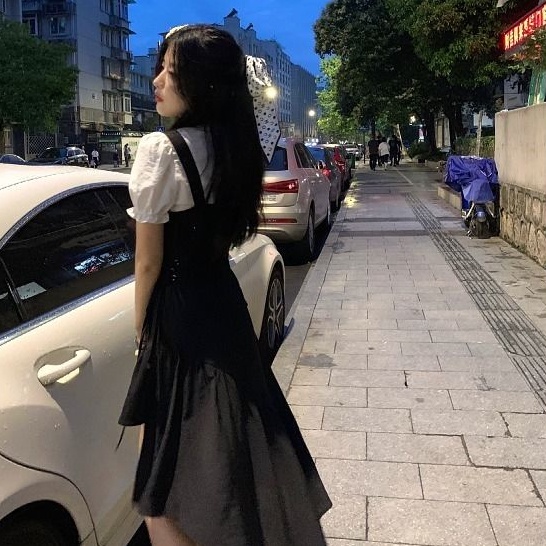 Đầm MURIOKI tay ngắn phồng màu đen phong cách Nhật Bản đi học xinh xắn dành cho nữ