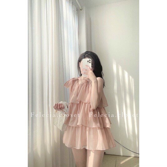 Áo váy voan tơ 3 tầng cổ yếm thắt nơ dáng babydoll xòe tầng sang chảnh