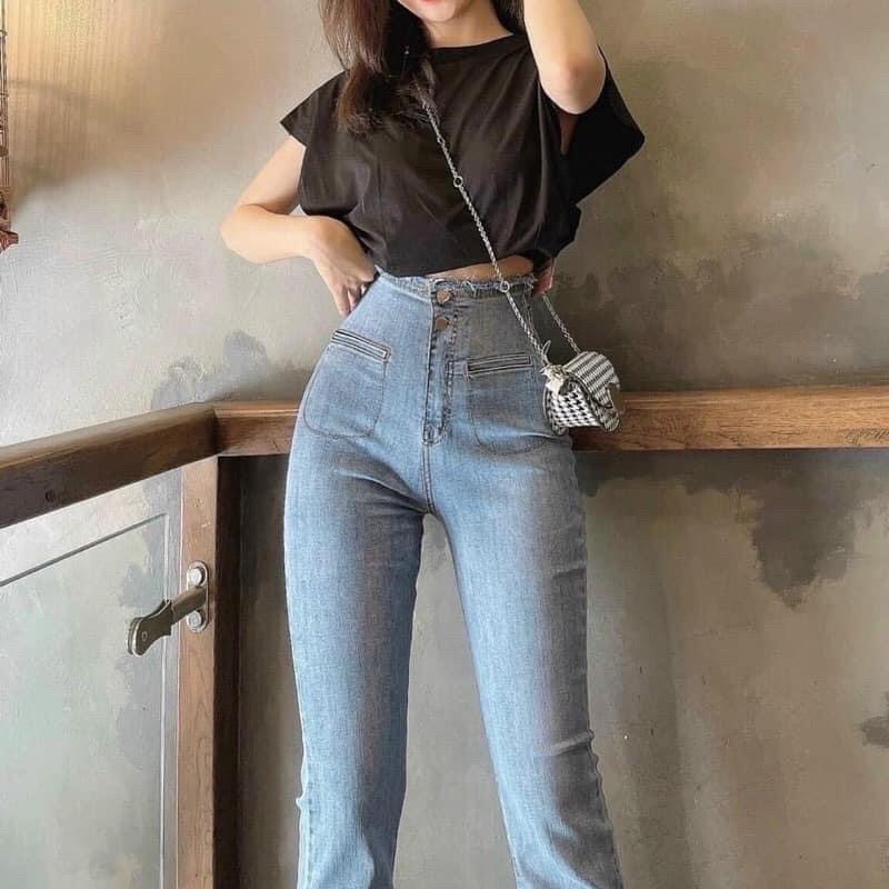 Quần jeans ôm loe tua viền và gấu cạp siêu cao