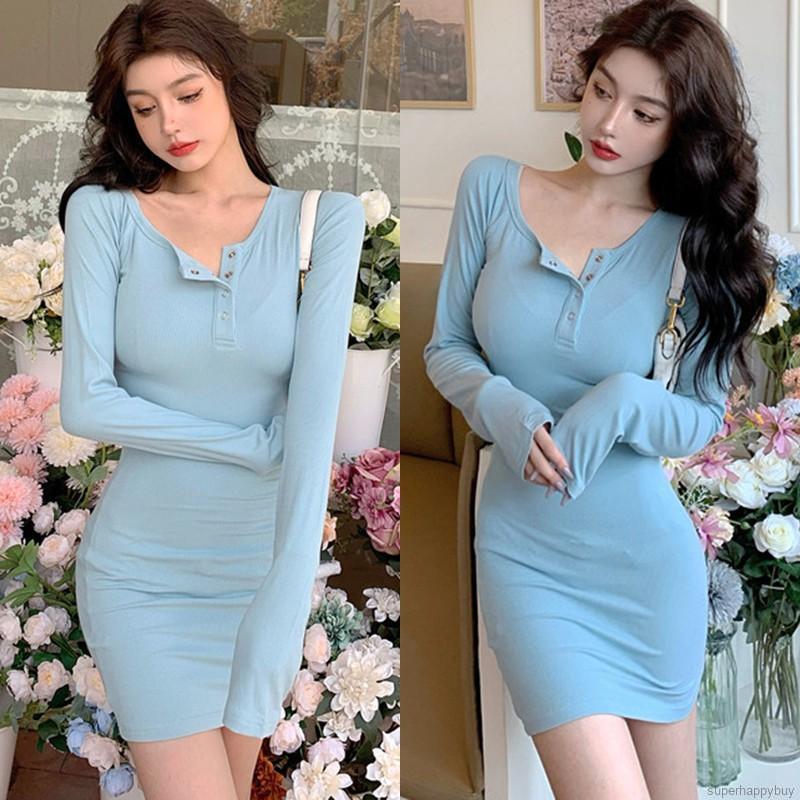 Đầm Tay Dài Màu Trơn Thiết Kế Đơn Giản Phong Cách Hàn Quốc