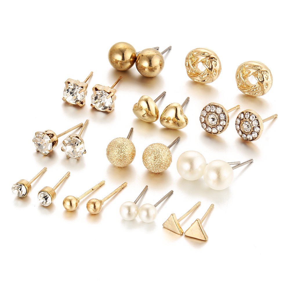 Set 12 đôi bông tai không trùng nhau có đính đá kim cương phong cách Nhật Bản Hàn Quốc dành cho nữ đeo một tuần