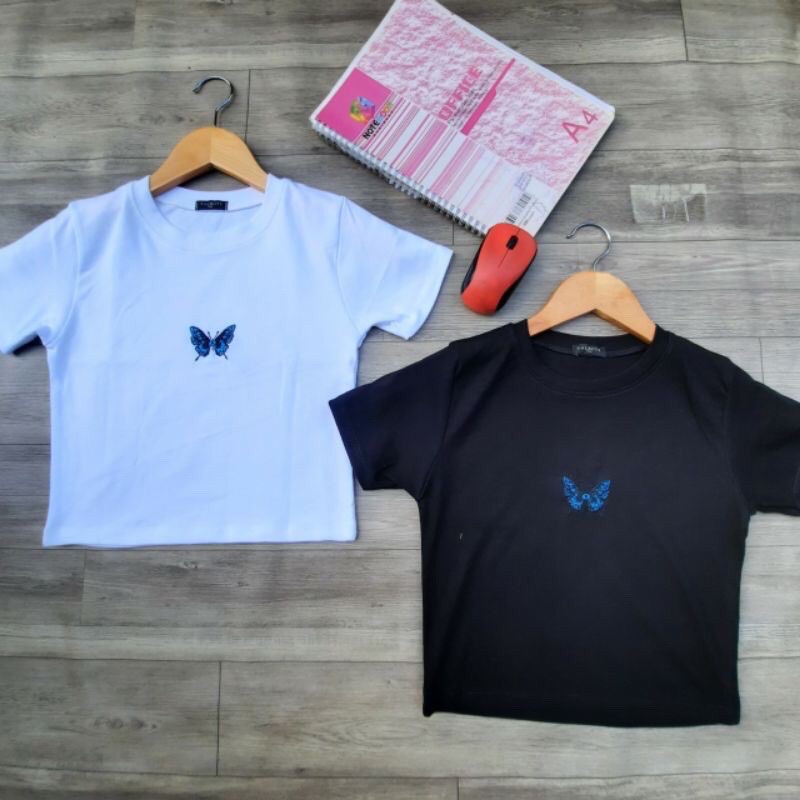Áo croptop thêu bướm cotton 100% (av)