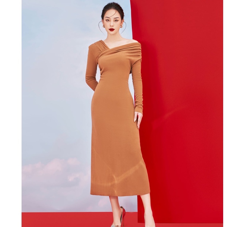 MOLLYNISTA - Đầm Mia thun tay dài lệch vai quyến rũ nữ tính thiết kế cao cấp đi chơi đi tiệc gợi cảm