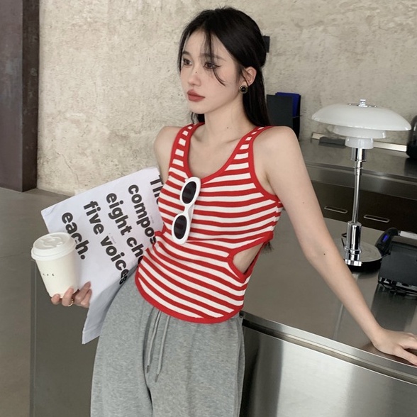 Áo ZHELIHANGFEI dệt kim không tay họa tiết kẻ sọc cho nữ