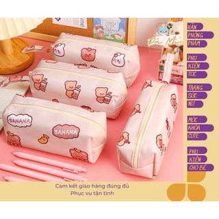 Bóp Túi bút vải canvas in hoạ tiết gấu hoạt hình cỡ lớn cho học sinh