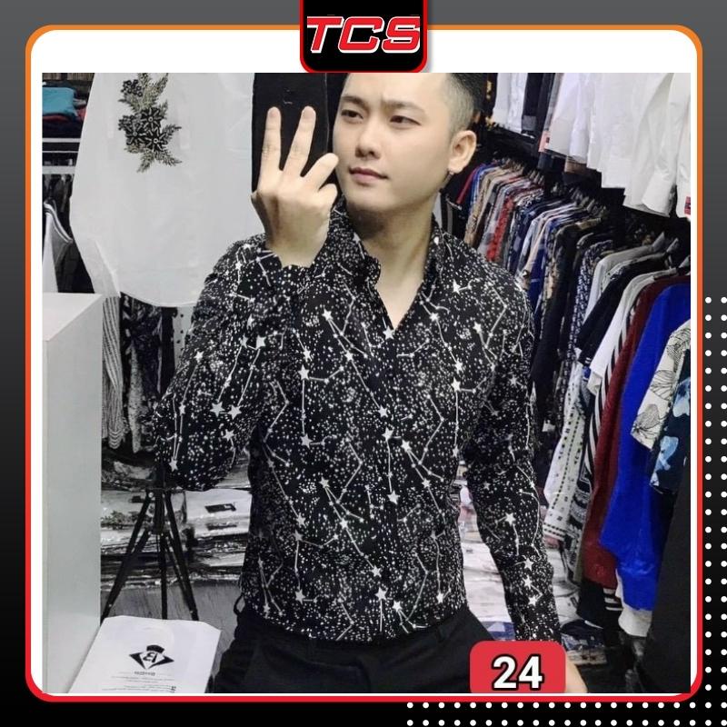 Áo sơ mi lụa màu đen dài tayhọa tiết thêu chữ ký chữ phong cách TCS 24