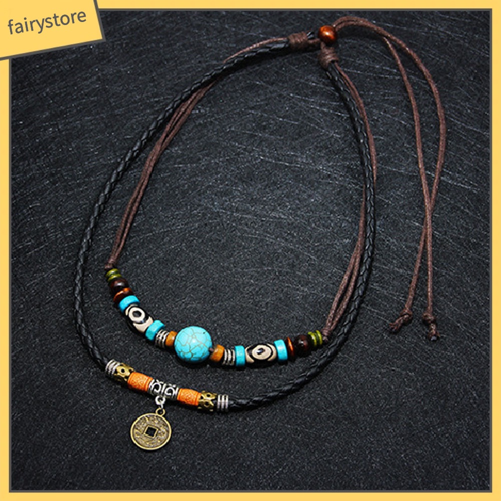 Dây chuyền hợp kim nhiều lớp đính ngọc lam giả &amp; đồng xu kiểu cách cổ điển