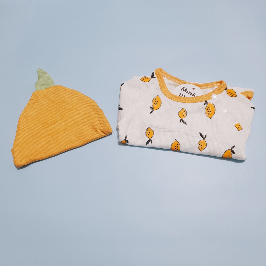 [CHANH] Set body chip tay dài tặng kèm mũ cực xinh in hình chanh vàng chất vải tăm lạnh mềm mát cho bé sơ sinh (4-8kg)