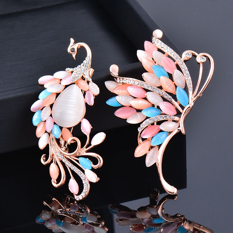 Ghim cài áo SINLEERY hình con công đính đá opal màu hồng/ vàng hồng dành cho nữ