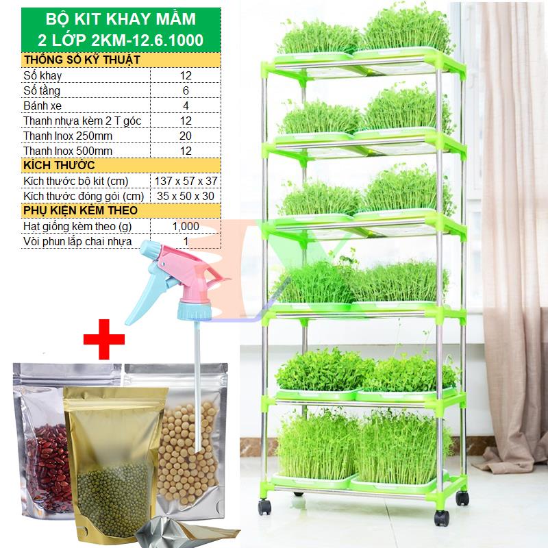 Bộ kit Khay trồng rau mầm thủy canh 2 lớp 2KM, Khay, Giá đỡ, Vòi xịt, Hạt giống